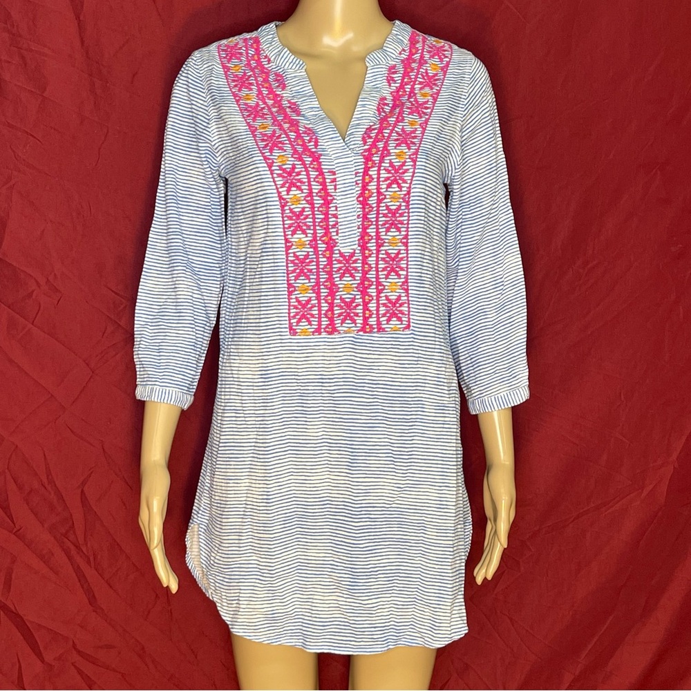 Rikshaw Design Blue White Striped Embroidered Tunic Women’s XS Made in India